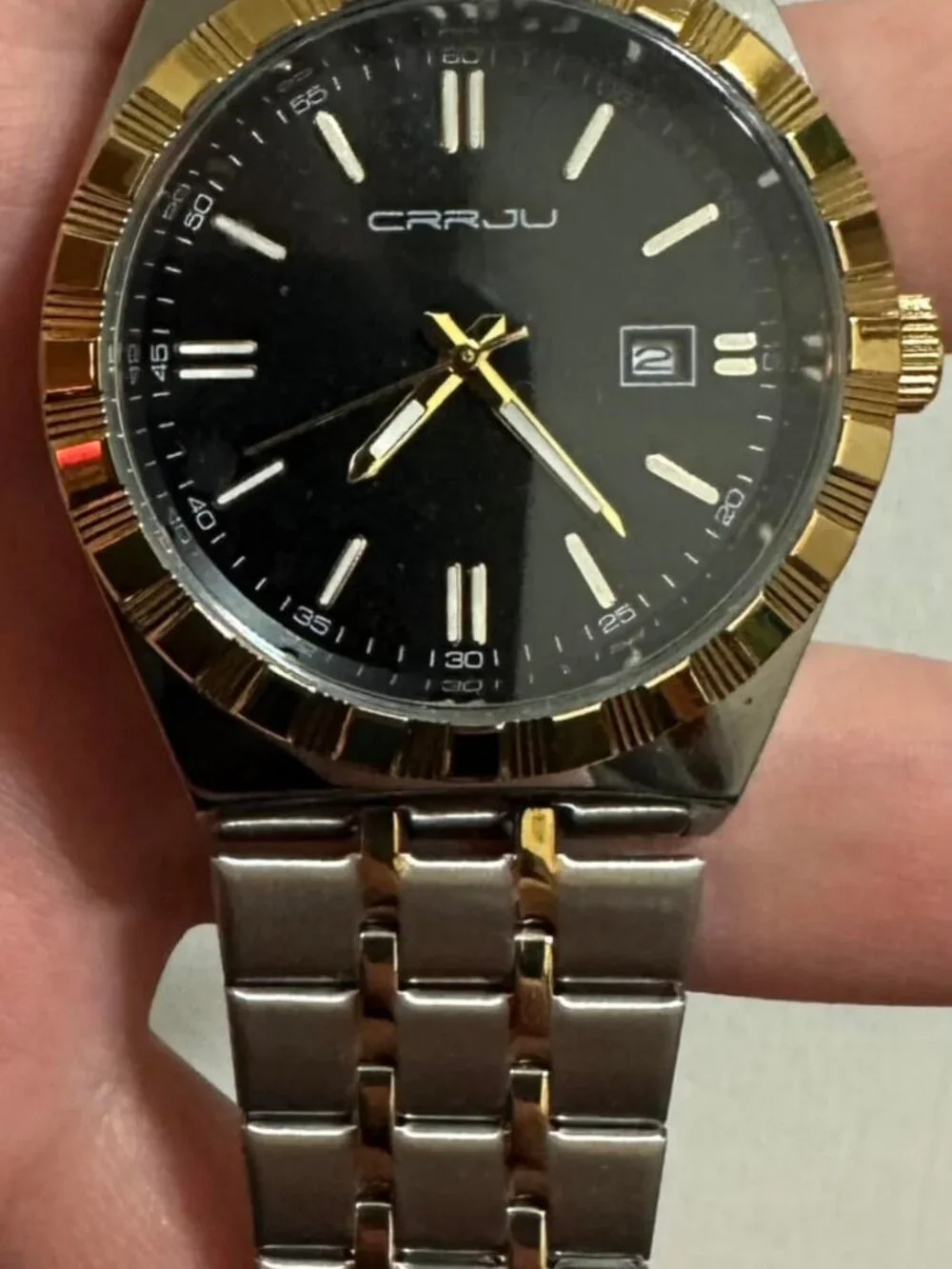 Crrju Men Gold Black Luxury Luminous Analog Quartz Classic Calendar Silver Watch